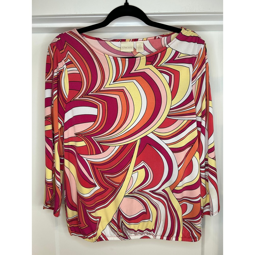 Chicos Psychedelic Swirl Bubble Hem Blouse Pink Size 0 Boat Neck Retro Boho
